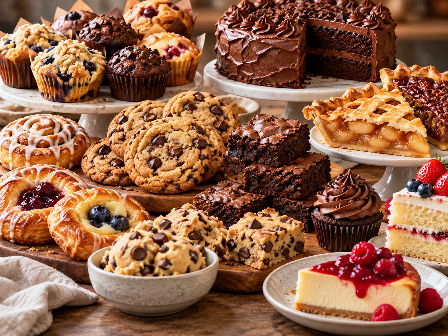 Assorted desserts including cookies, muffins, brownies, cakes, pies and pastries