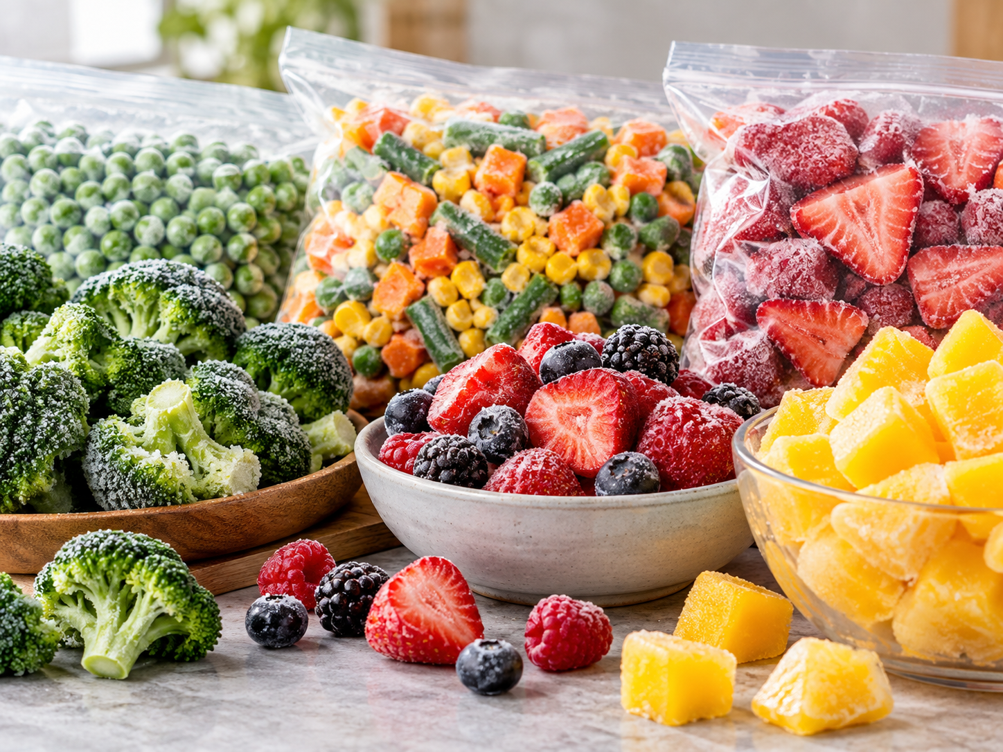 Frozen fruits and vegetables including berries, broccoli, peas, corn and mixed vegetables