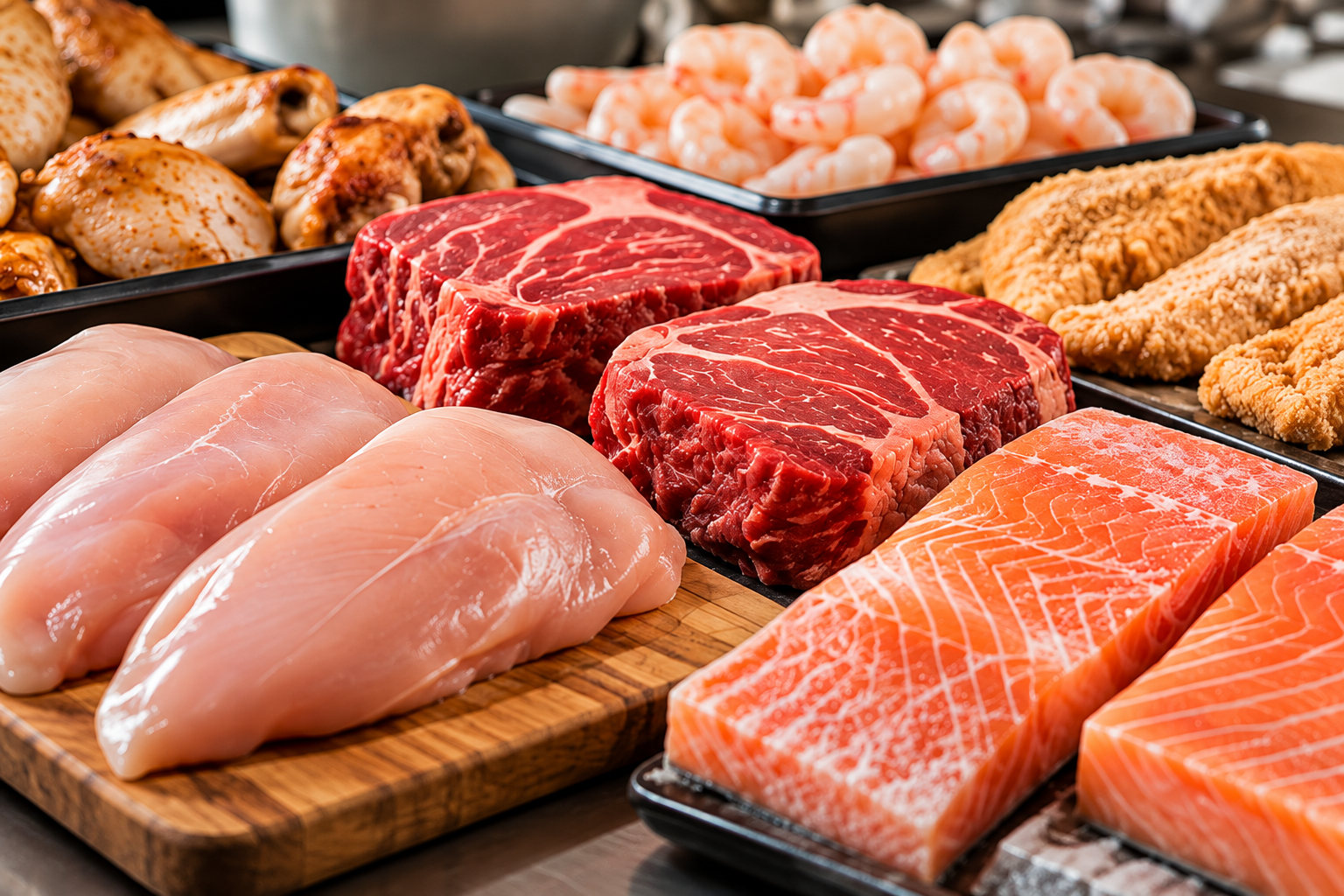 Chicken, beef, salmon, shrimp and breaded protein items