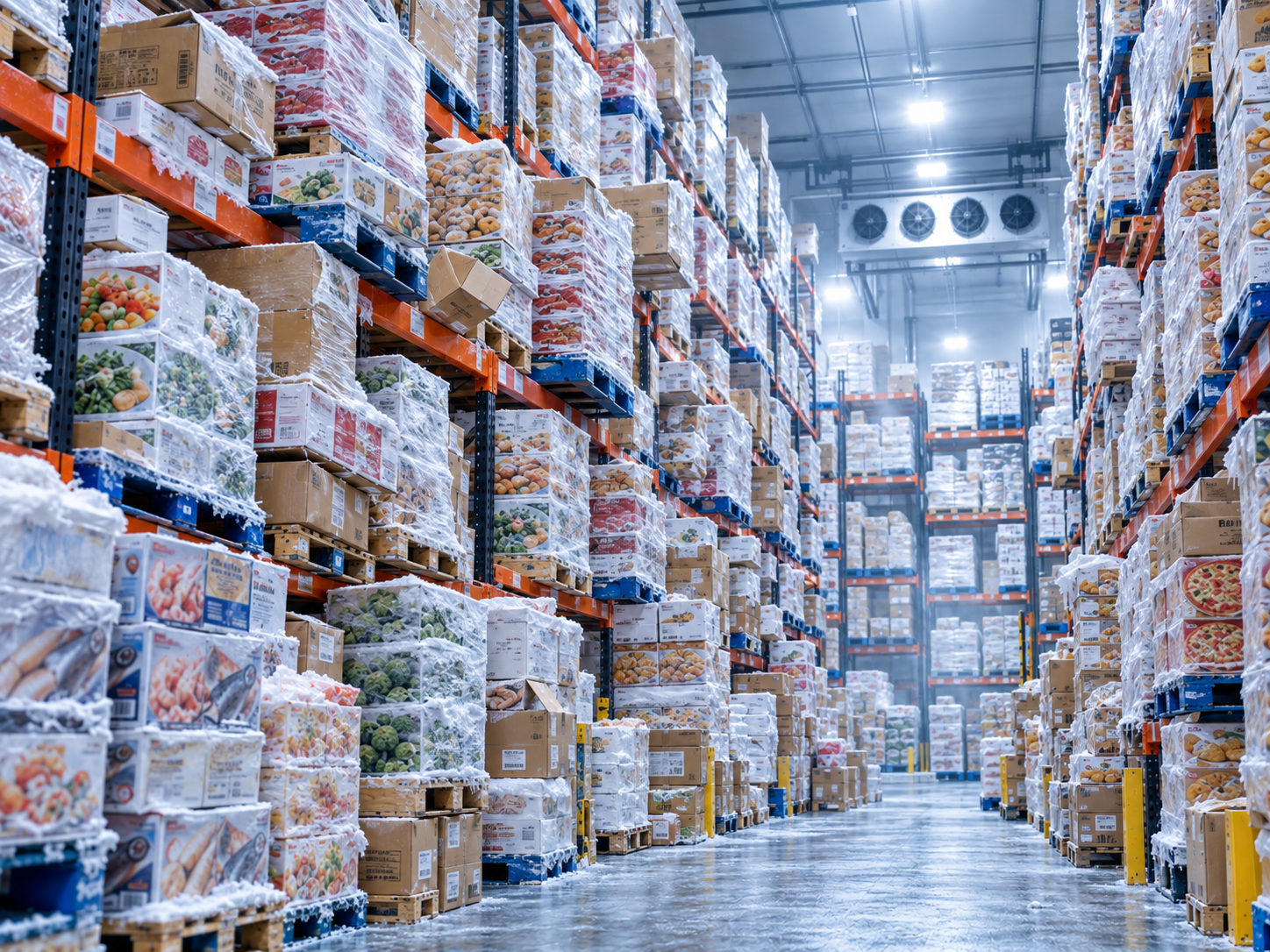 Messy overflowing frozen food warehouse with crowded pallets and cases